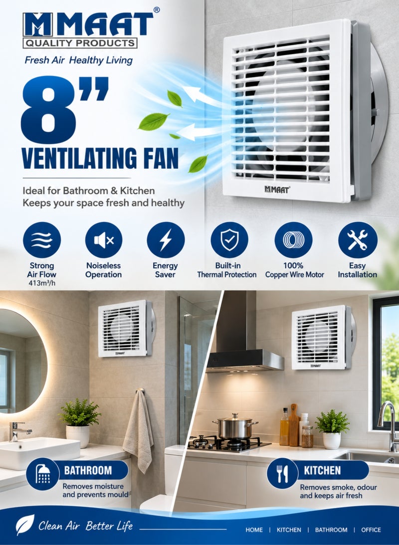 MAAT FGS8-PRO 8 Inch Ventilating Fan, 28W Exhaust Fan, 200mm, 413 m³/h Airflow, Pure Copper Motor, Thermal Protection, 220-240V, White - Image 2