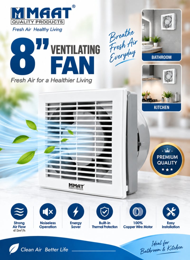 MAAT FGS8-PRO 8 Inch Ventilating Fan, 28W Exhaust Fan, 200mm, 413 m³/h Airflow, Pure Copper Motor, Thermal Protection, 220-240V, White - Image 1