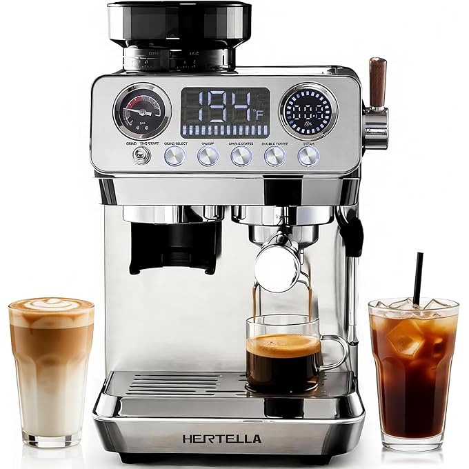Espresso Machine with Burr Grinder, 20 Bar Visual Pressure Gauge, Milk Frother Steam Wand, Stainless Steel, 4 Temperature Modes (Hot and Cold Brew), Automatic Pressure Release Function - Image 1