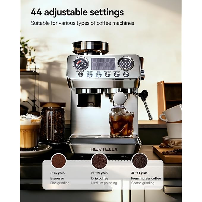 Espresso Machine with Burr Grinder, 20 Bar Visual Pressure Gauge, Milk Frother Steam Wand, Stainless Steel, 4 Temperature Modes (Hot and Cold Brew), Automatic Pressure Release Function - Image 3