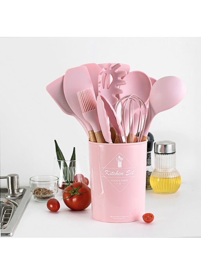 Silicone Kitchenware With Wooden Handle Cooking Non-Stick Pan Kitchenware Set Storage Bucket Silicone Kitchenware 11-Piece Set - Image 1