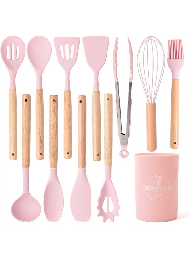 Silicone Kitchenware With Wooden Handle Cooking Non-Stick Pan Kitchenware Set Storage Bucket Silicone Kitchenware 11-Piece Set - Image 2