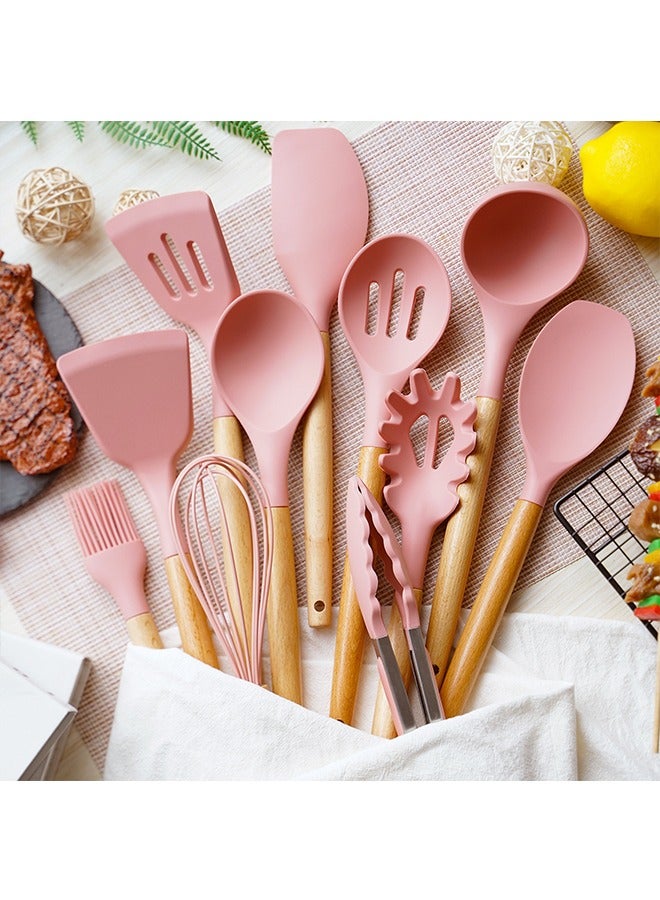 Silicone Kitchenware With Wooden Handle Cooking Non-Stick Pan Kitchenware Set Storage Bucket Silicone Kitchenware 11-Piece Set - Image 3