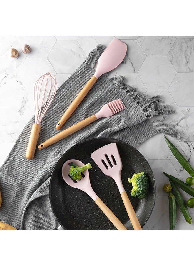 Silicone Kitchenware With Wooden Handle Cooking Non-Stick Pan Kitchenware Set Storage Bucket Silicone Kitchenware 11-Piece Set - Image 4
