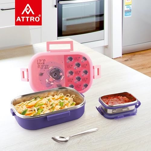 Attro Food Time Deluxe Stainless Steel Lunch Box with 1 Small Container & Eyecatchy Prints Airtight & Spillproof - 750ml+250ml Bear Purple Pink - Image 3