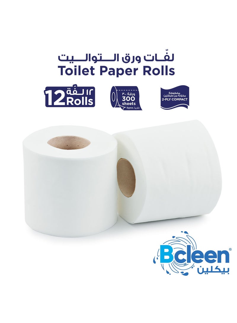 Bcleen Toilet Tissue Paper Rolls  2 Ply 300 Sheets Pack of 12  - Image 4