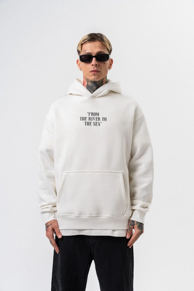 RESPIRE Men's The Sea Printed Hooded Oversize Hoodie Ecru