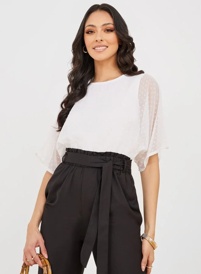 Styli Dobby Detail Straight Leg Jumpsuit with Tie Belt