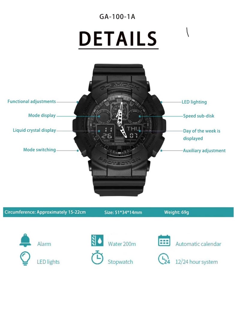 CASIO Casio G-Shock Black Samurai Dual Display Large Dial Sports Waterproof Watch Night Knight GA-100-1A  - Image 3
