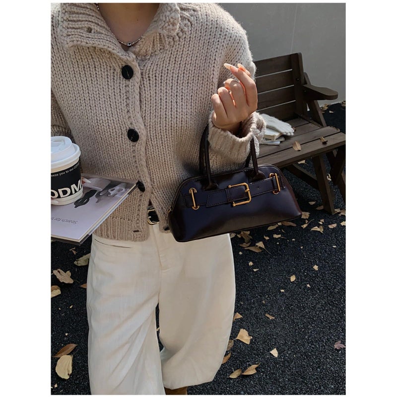 KeAiDMon Women Suede Tote Bag Shell Leather Crossbody Shoulder Bag Minimalist Korean Style with Belt Buckle Design (UP coffee) - Image 2