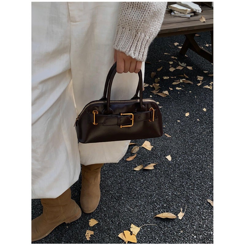 KeAiDMon Women Suede Tote Bag Shell Leather Crossbody Shoulder Bag Minimalist Korean Style with Belt Buckle Design (UP coffee) - Image 5