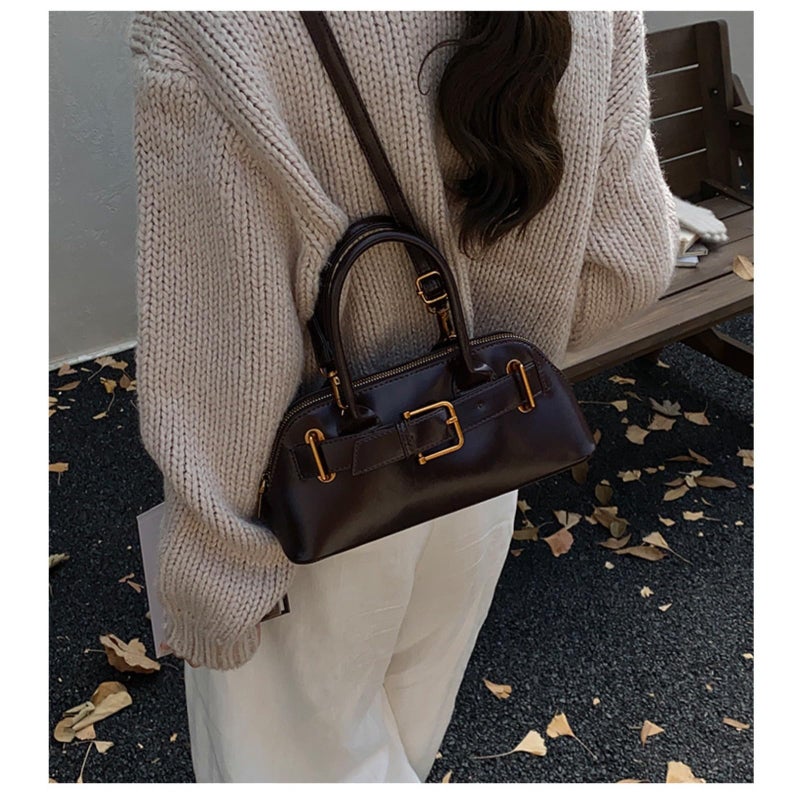 KeAiDMon Women Suede Tote Bag Shell Leather Crossbody Shoulder Bag Minimalist Korean Style with Belt Buckle Design (UP coffee) - Image 3