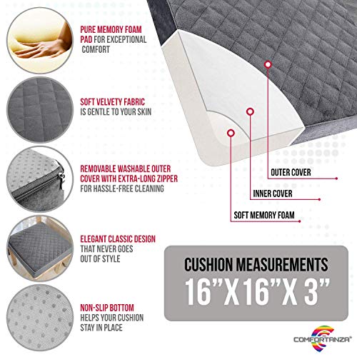 COMFORTANZA Soft 16x16x3 Memory Foam Seat Cushion for Kitchen, Dining, Office Chairs, Car Seats - Washable Velvety Cover with Waterproof Layer & Non-Slip Base - Comfort & Back Pain Relief - Gray - Image 3