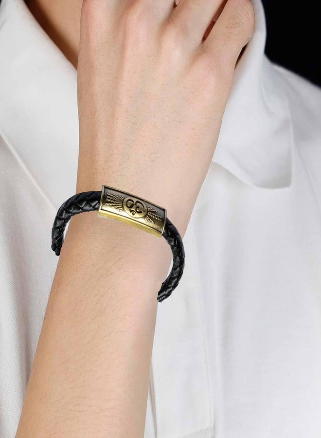 M Men Style طقم قلادة وسوار رجالي من الجلد الأسود والذهبي، مزين بحجر طبيعي 6 مم، بتصميم ديني مستوحى من الإله شيفا، مع تعليقة أوم، وسلسلة وسوار من الكريستال الأسود، وقلادة أوم، ورمز تعريف، ومشبك مغناطيسي متشابك. رقم الموديل: SCom202502 - Image 5