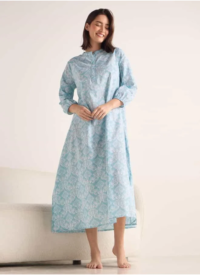 FAV Printed Night Dress with Mandarin Collar and 3/4 Sleeves