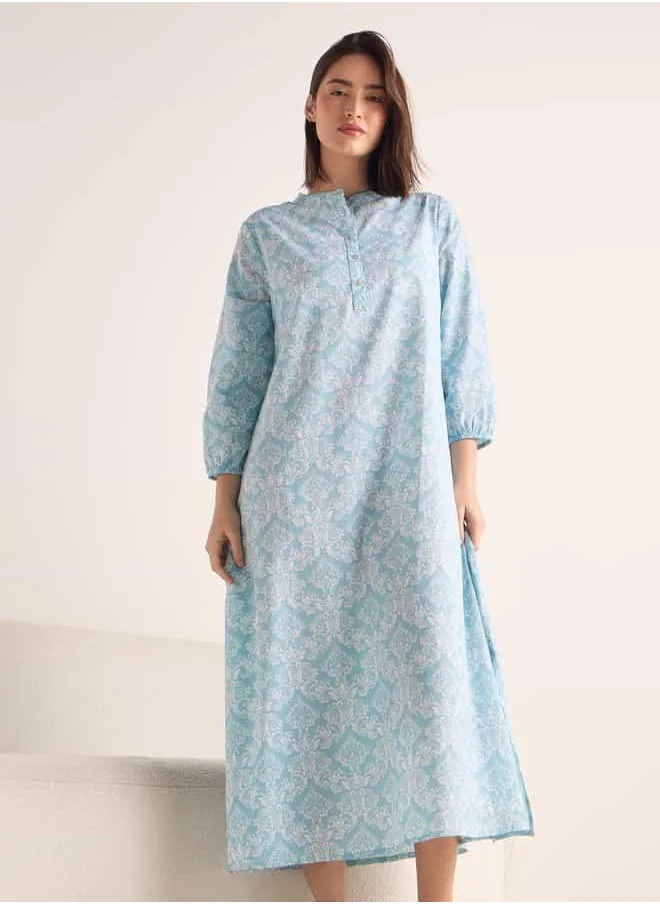 فاف Printed Night Dress with Mandarin Collar and 3/4 Sleeves