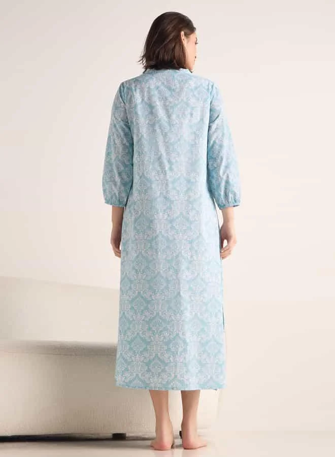 Splash FAV Printed Night Dress with Mandarin Collar and 3/4 Sleeves
