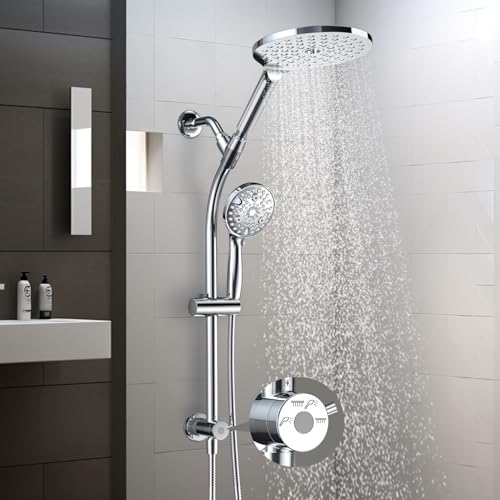 egretshower 7.5" Rotatable Dual Shower Head with Handheld Combo, Kids Friendly Low 3-Way Diverter, Adjustable Slide Bar for Whole Family Use, Enjoy High Pressure Rainfall Spa Shower, Polished Chrome Finish - Image 1