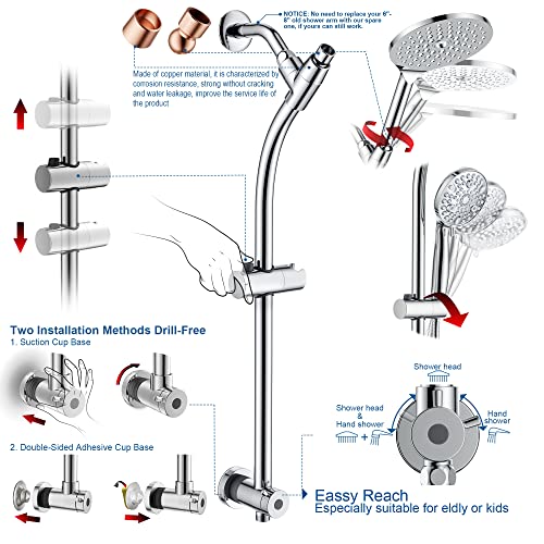 egretshower 7.5" Rotatable Dual Shower Head with Handheld Combo, Kids Friendly Low 3-Way Diverter, Adjustable Slide Bar for Whole Family Use, Enjoy High Pressure Rainfall Spa Shower, Polished Chrome Finish - Image 2