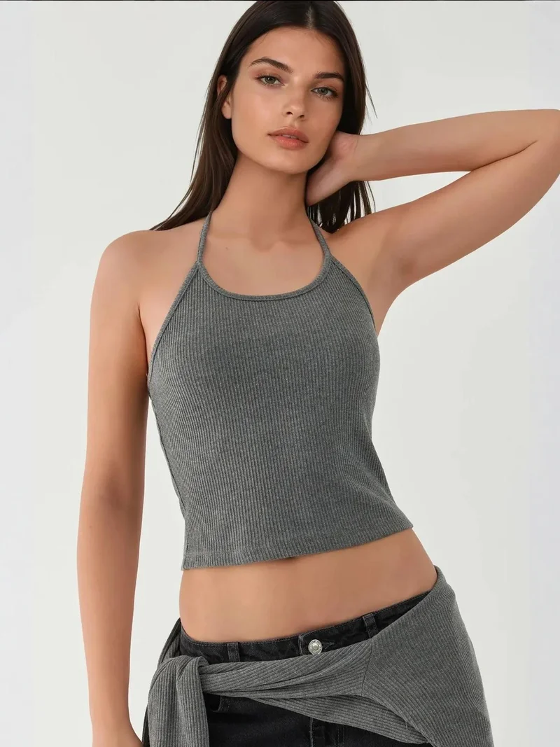 HICCUP Dark Grey Textured Crew Neck Long Sleeve 2 Pieces Set Top for Women | Best Price UAE