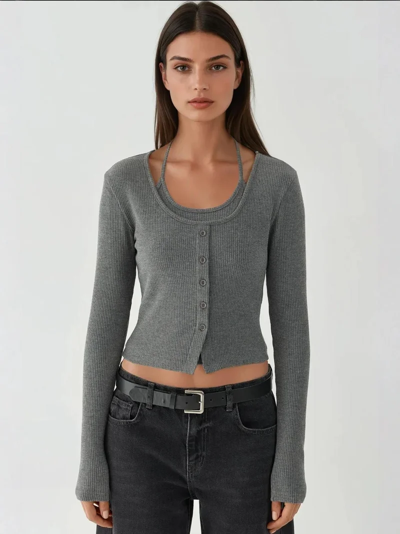 HICCUP Dark Grey Textured Crew Neck Long Sleeve 2 Pieces Set Top for Women | Best Price UAE