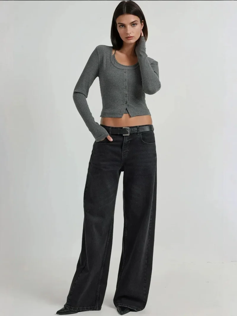 HICCUP Dark Grey Textured Crew Neck Long Sleeve 2 Pieces Set Top for Women | Best Price UAE