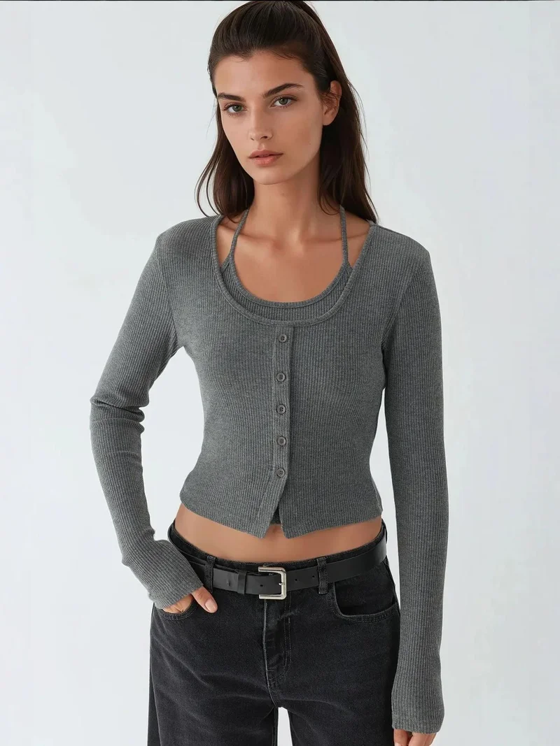 HICCUP Textured Crew Neck Long Sleeve 2 Pieces Set Top
