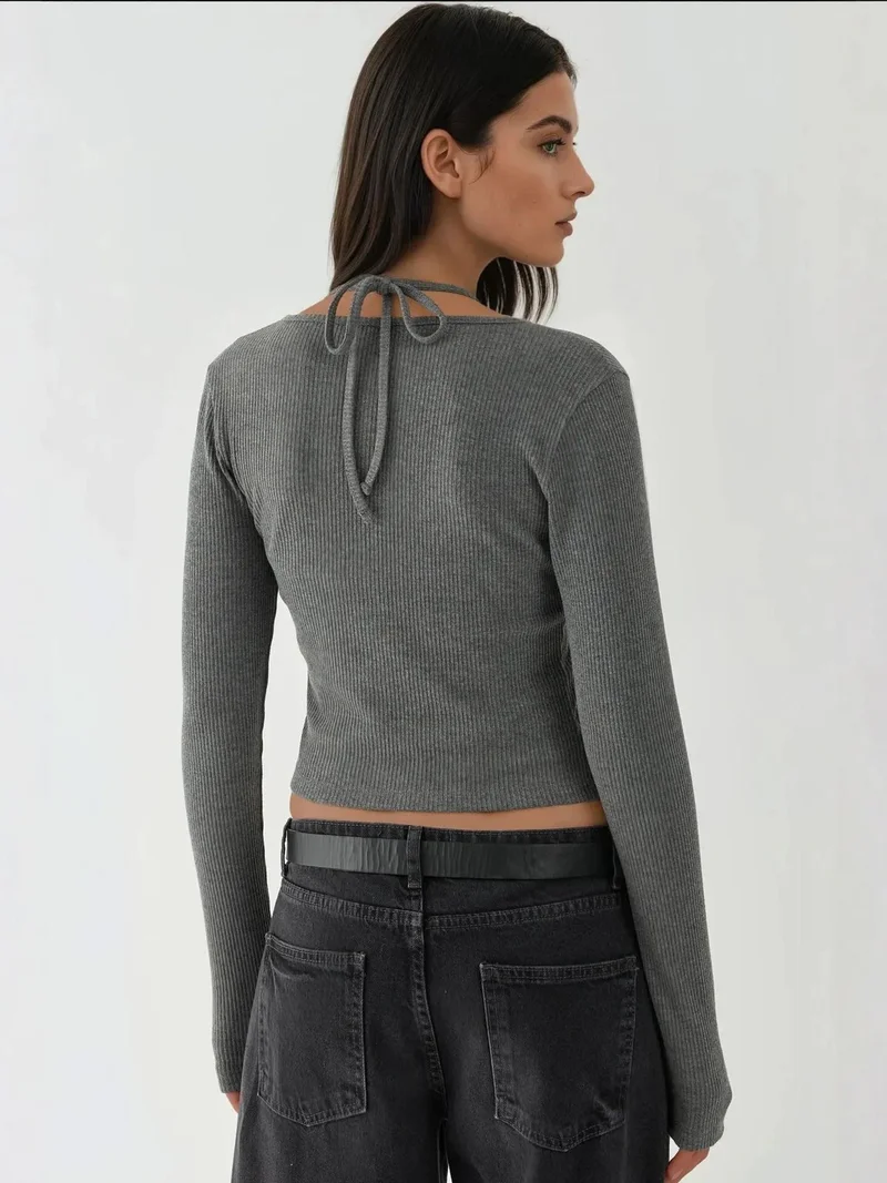 HICCUP Dark Grey Textured Crew Neck Long Sleeve 2 Pieces Set Top for Women | Best Price UAE