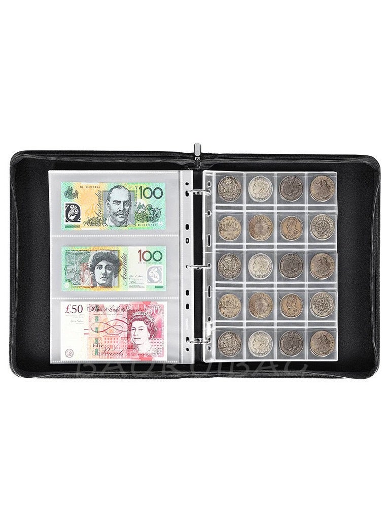 Currency Coin Album, Holder, 370 Pockets and Collecting Binder, 120 Paper Money Stamp Page Album Supplies for Collectors - Image 1
