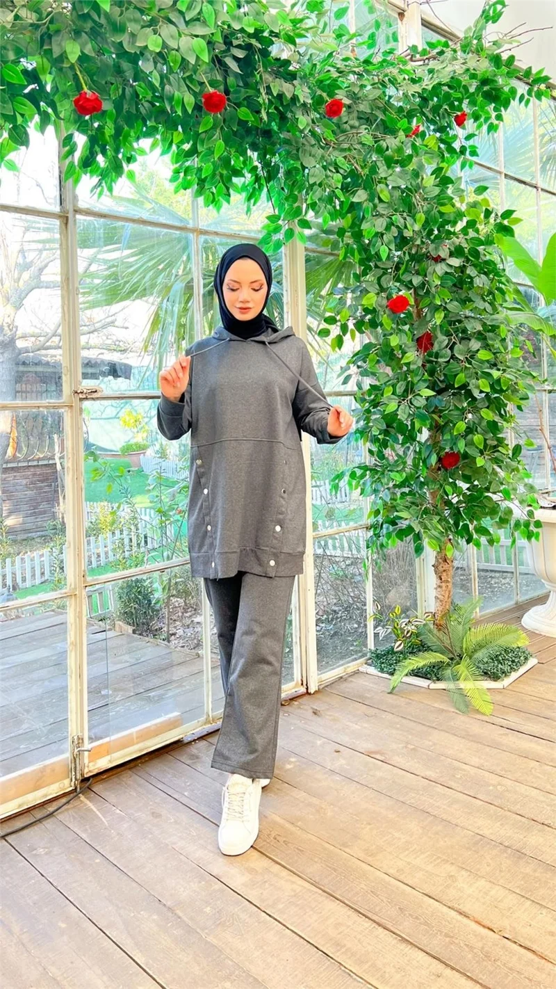 بي ويست Hooded Snap Detail Short Sweat Pants Double Hijab Tracksuit Set - 03079 - Anthracite