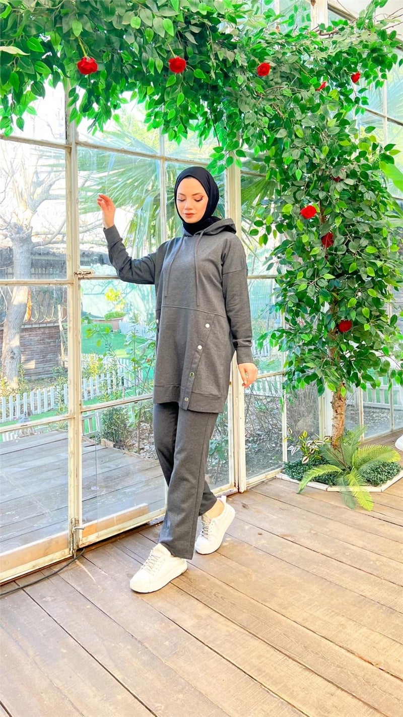 Bwest Hooded Snap Detail Short Sweat Pants Double Hijab Tracksuit Set - 03079 - Anthracite - Image 4