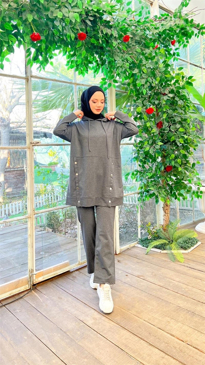 Bwest Hooded Snap Detail Short Sweat Pants Double Hijab Tracksuit Set - 03079 - Anthracite - Image 3