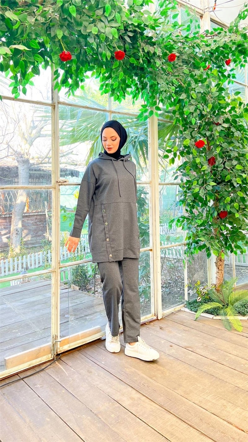 Bwest Hooded Snap Detail Short Sweat Pants Double Hijab Tracksuit Set - 03079 - Anthracite - Image 5