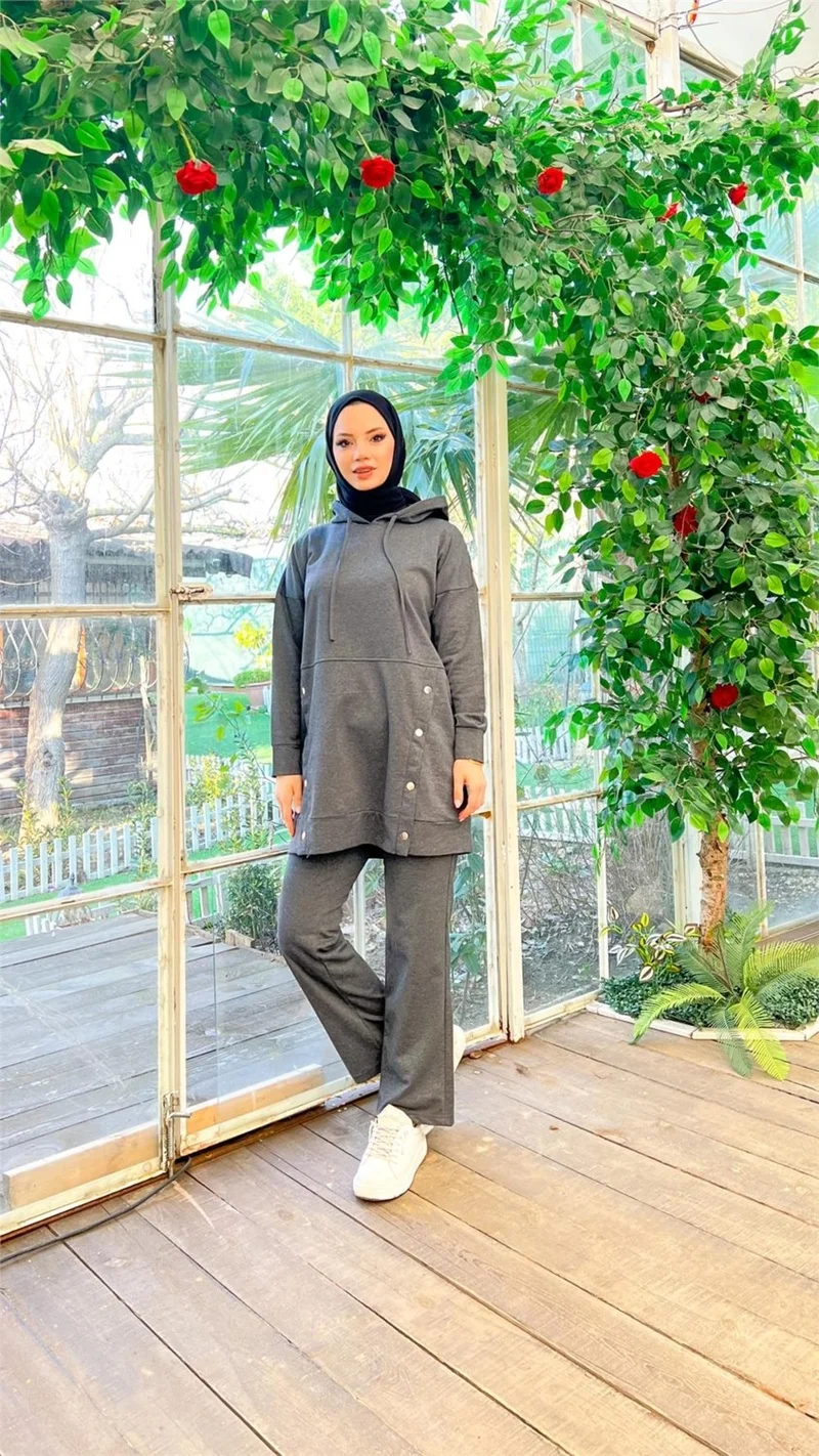 بي ويست Hooded Snap Detail Short Sweat Pants Double Hijab Tracksuit Set - 03079 - Anthracite