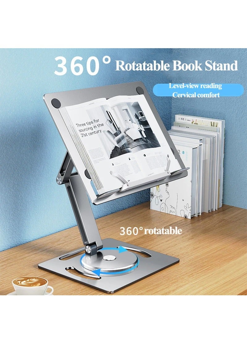 360 Rotable Aluminium Laptop Stand Height Angle Adjustment Tablet Desktop Holder Multifunctional Reading Book Bracket, 360° Rotating Reading Stand(Silver)  - Image 2