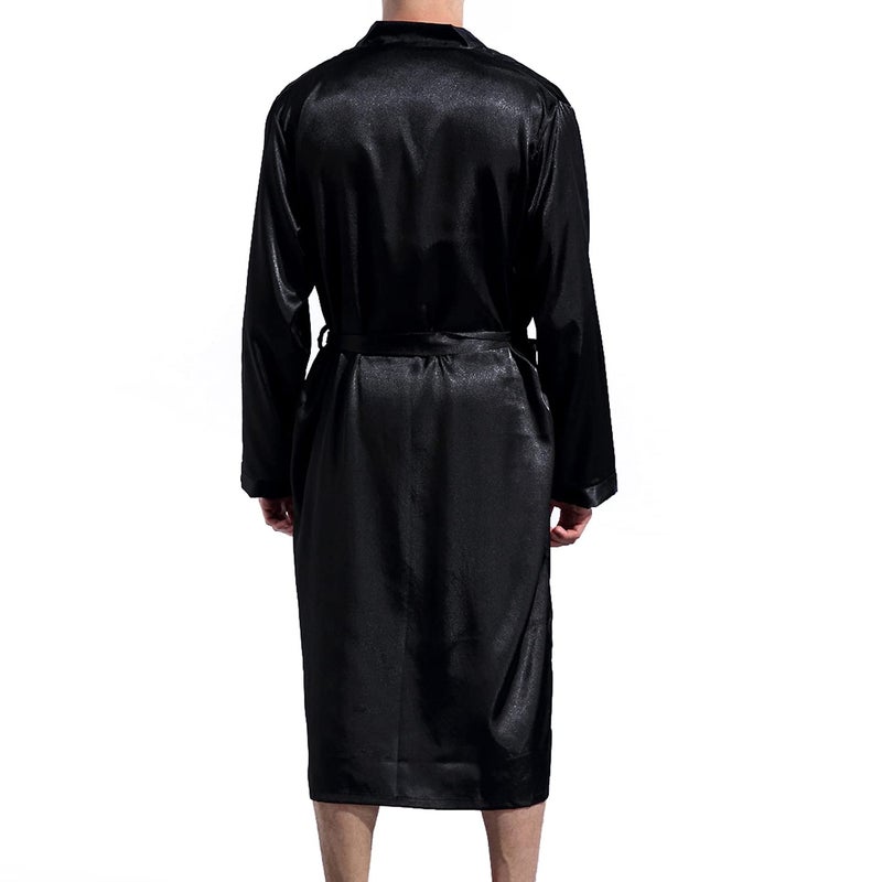 Lu's Chic Men's Silk Robe Lightweight Satin Kimono Summer SPA Lounge Long Sleeve Silky Bath Robe Soft Knee Length Bathrobe with Pocket Black XX-Large - Image 4