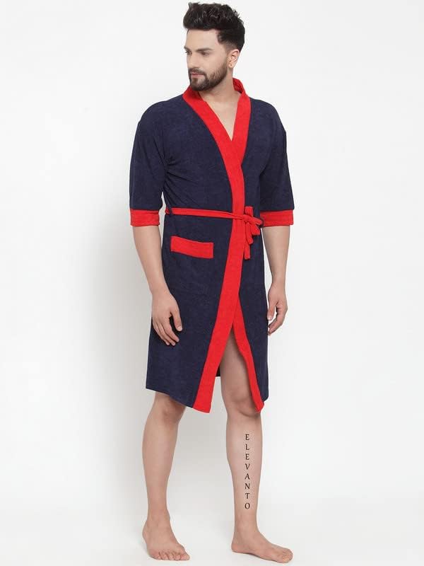 ELEVANTO Bathrobes For Mens Collection 34 Sleeve Soft Terry Cotton Bathrobe Free SizeRED - Image 2