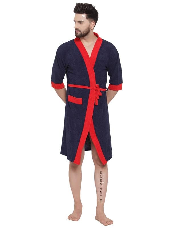 ELEVANTO Bathrobes For Mens Collection 34 Sleeve Soft Terry Cotton Bathrobe Free SizeRED - Image 1