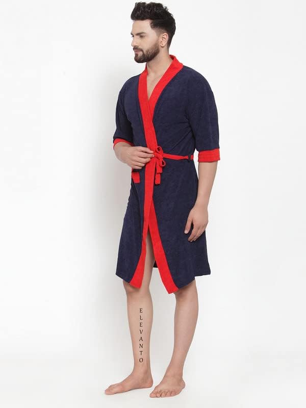 ELEVANTO Bathrobes For Mens Collection 34 Sleeve Soft Terry Cotton Bathrobe Free SizeRED - Image 3