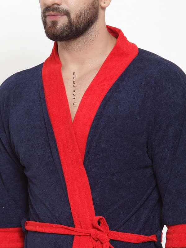 ELEVANTO Bathrobes For Mens Collection 34 Sleeve Soft Terry Cotton Bathrobe Free SizeRED - Image 5