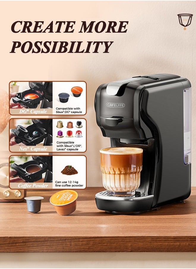 كافلف - ماكينة صنع قهوة الكبسولات الأوتوماتيكية 3 في 1 متوافقة مع NES Dolce Gusto والقهوة المطحونة وماكينة صنع قهوة الإسبريسو بضغط 19 بار وتحضير ساخن/بارد وقوة قابلة للتعديل باللون الأسود غير اللامع - Image 1