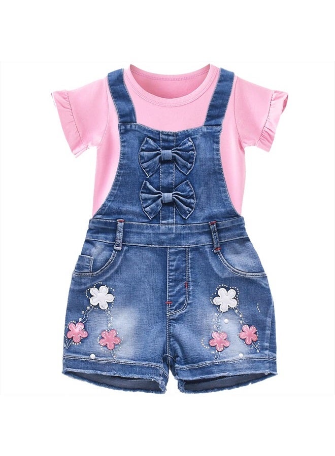 Peacolate 2-8Years Little&Big Summer 2pcs Clothing Set Flower Pink Short Sleeve T Shirt and Denim Rompers Shortalls (5Years)  - Image 1