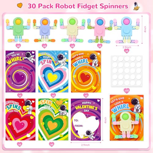 LACCHOUFEE Valentines Day Gifts for Kids 30 Pack AstronautShaped Fidget Spinner POP Toys with Greeting Card for Kids Classroom Exchange Valentine Prizes for Boys Girls School Party Favor - Image 5