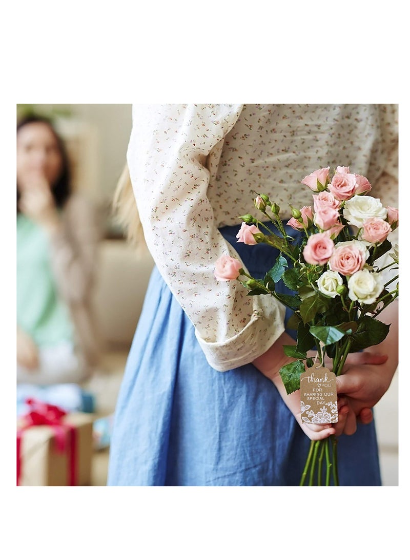 Excefore 100 Pcs Kraft Gift Paper Tags, White Lace Print Hang Tag with 40 Meters Hemp Rope, Thank You for Sharing Our Special Day" Rectangle Brown Tags, Suitable for Gifts Wrapping, Craft Project - Image 5