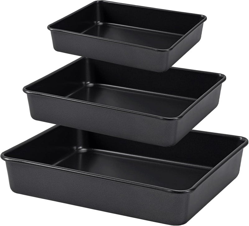 CAMOFOXIN Nonstick Roasting Pan, Deep Baking Pan Set, Large Cake Pan Sets for Oven, 3-Piece Brownie Pan （Black） - Image 1
