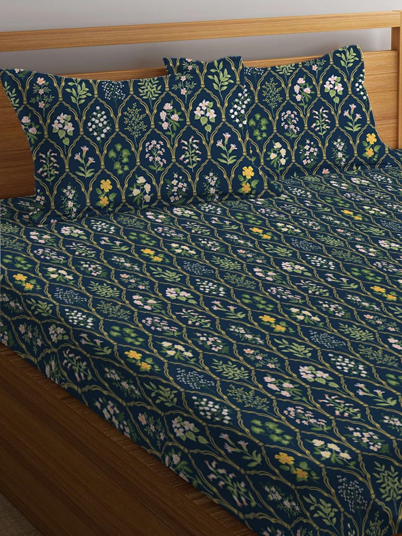 LOOMLYFE 300 TC Cotton Feel Glace Cotton Elastic Fitted Printed King Size Double Bed Bedsheet with 2 Pillow Covers Fits Upto 8 inches Mattress, Size- 72X78 Inches, NavyJaipuri - Image 2