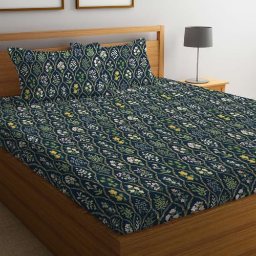 LOOMLYFE 300 TC Cotton Feel Glace Cotton Elastic Fitted Printed King Size Double Bed Bedsheet with 2 Pillow Covers Fits Upto 8 inches Mattress, Size- 72X78 Inches, NavyJaipuri - Image 1
