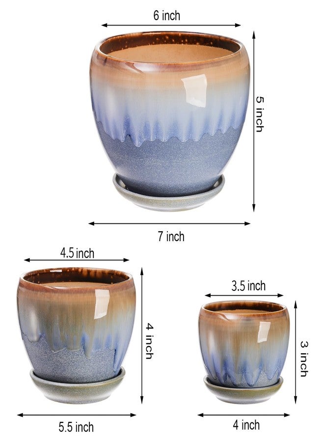 AVLA 3 Pack Ceramic Plant Pots, Gardening Drip Glazed Planters, Decorative Flower Pot with Drainage Hole and Saucer, Round Rustic Houseplant Container for Succulent Herbs Cactus Orchid, Home Office - Image 2