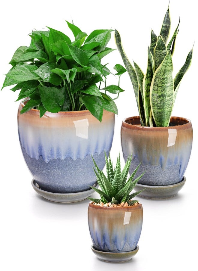 AVLA 3 Pack Ceramic Plant Pots, Gardening Drip Glazed Planters, Decorative Flower Pot with Drainage Hole and Saucer, Round Rustic Houseplant Container for Succulent Herbs Cactus Orchid, Home Office - Image 1