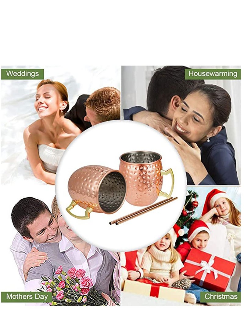 كاست ويف - مجموعة هدايا أكواب نحاسية نحاسية صلبة مطرقة أكواب نحاسية مصنوعة يدويًا - مجموعة من 2 أكواب نحاسية ، 2 مصاصات نحاسية في صندوق هدايا - Image 1
